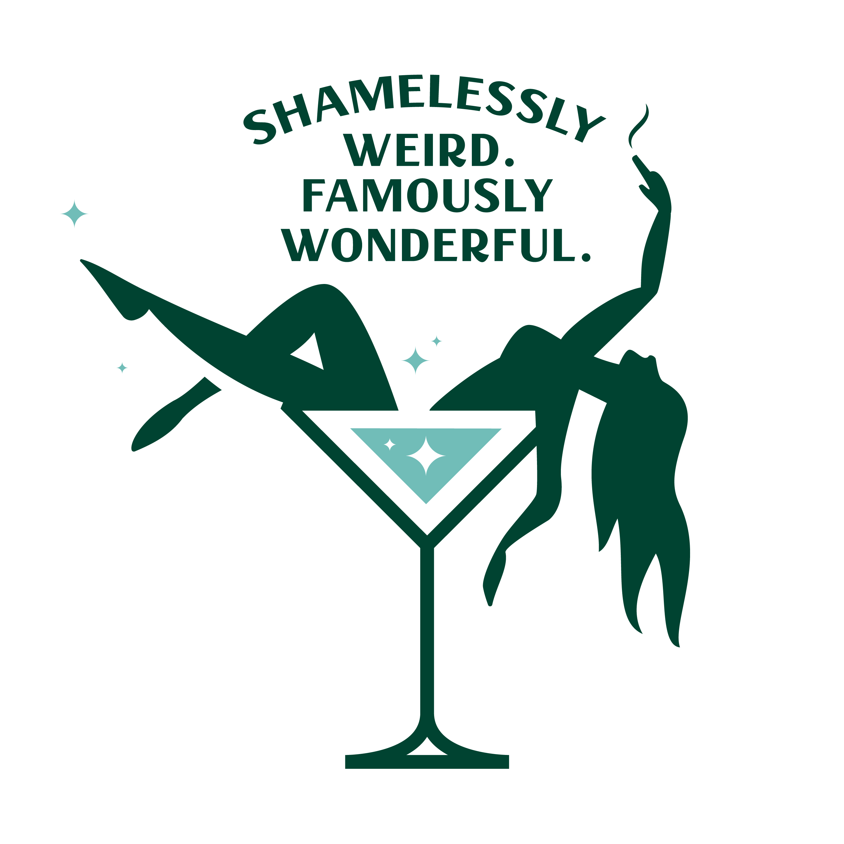 a graphic of a girl sitting in a martini glass with words above her