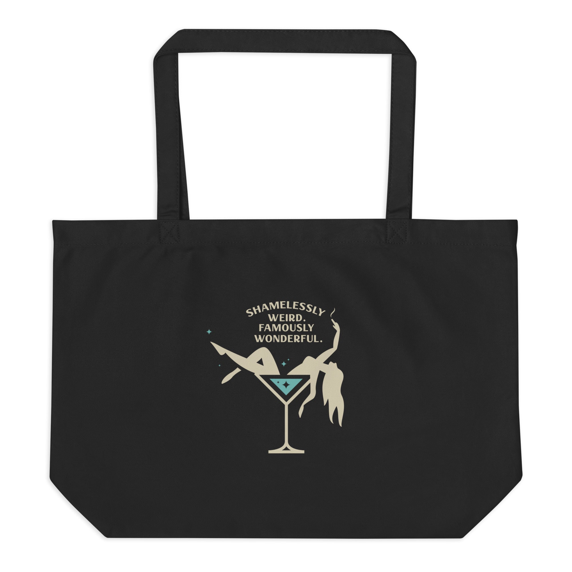 a large black tote bag with a white and blue logo on it