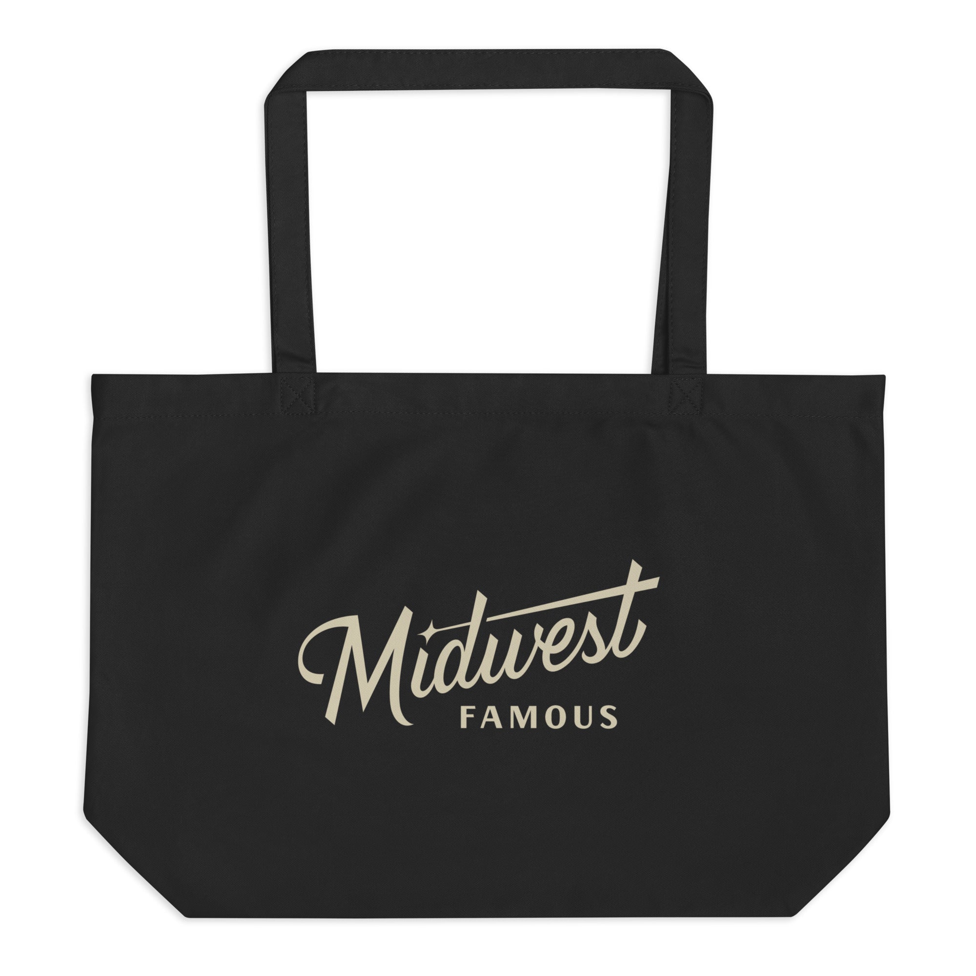 a large black tote bag with a white and blue logo on it