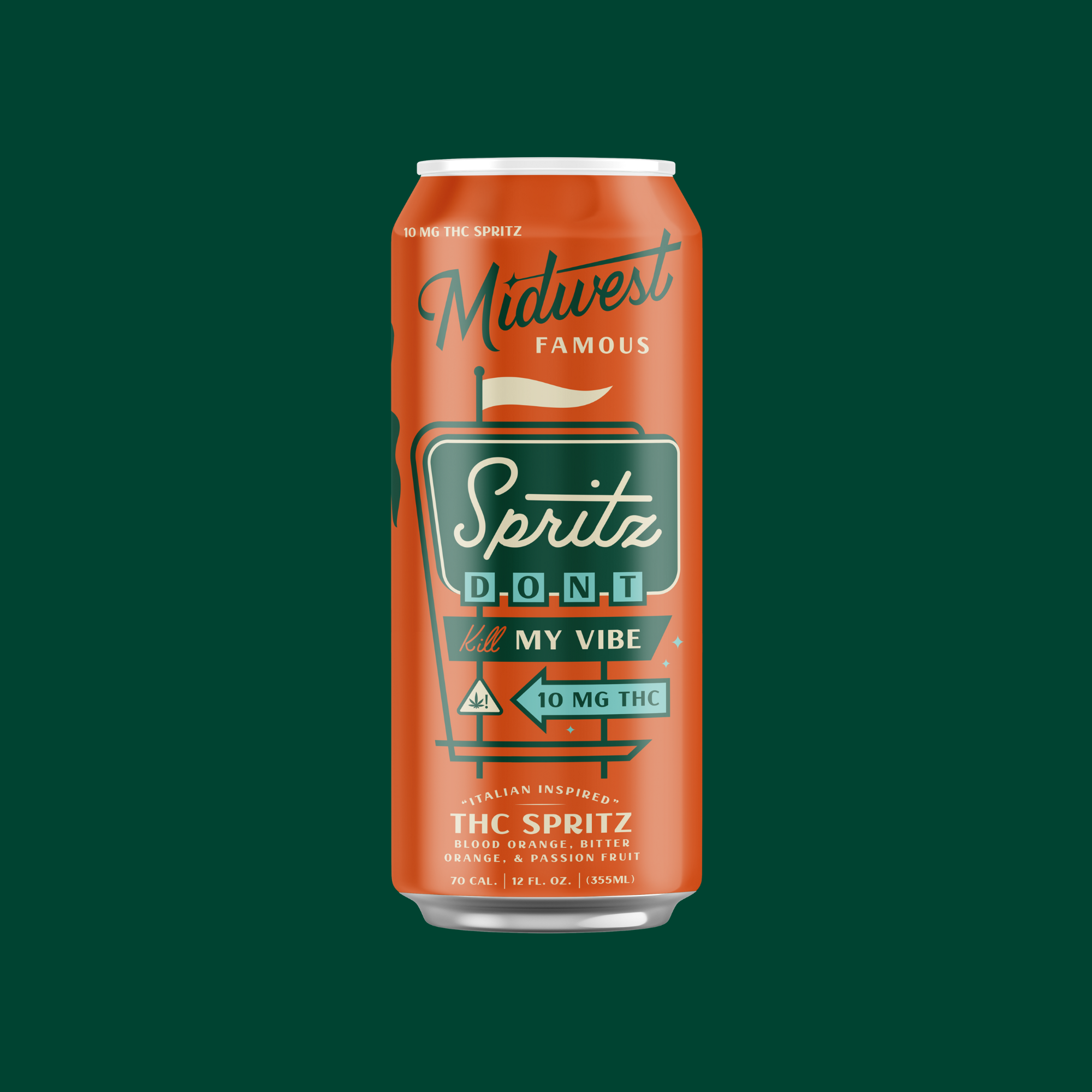 10mg thc spritz in front of a dark green background