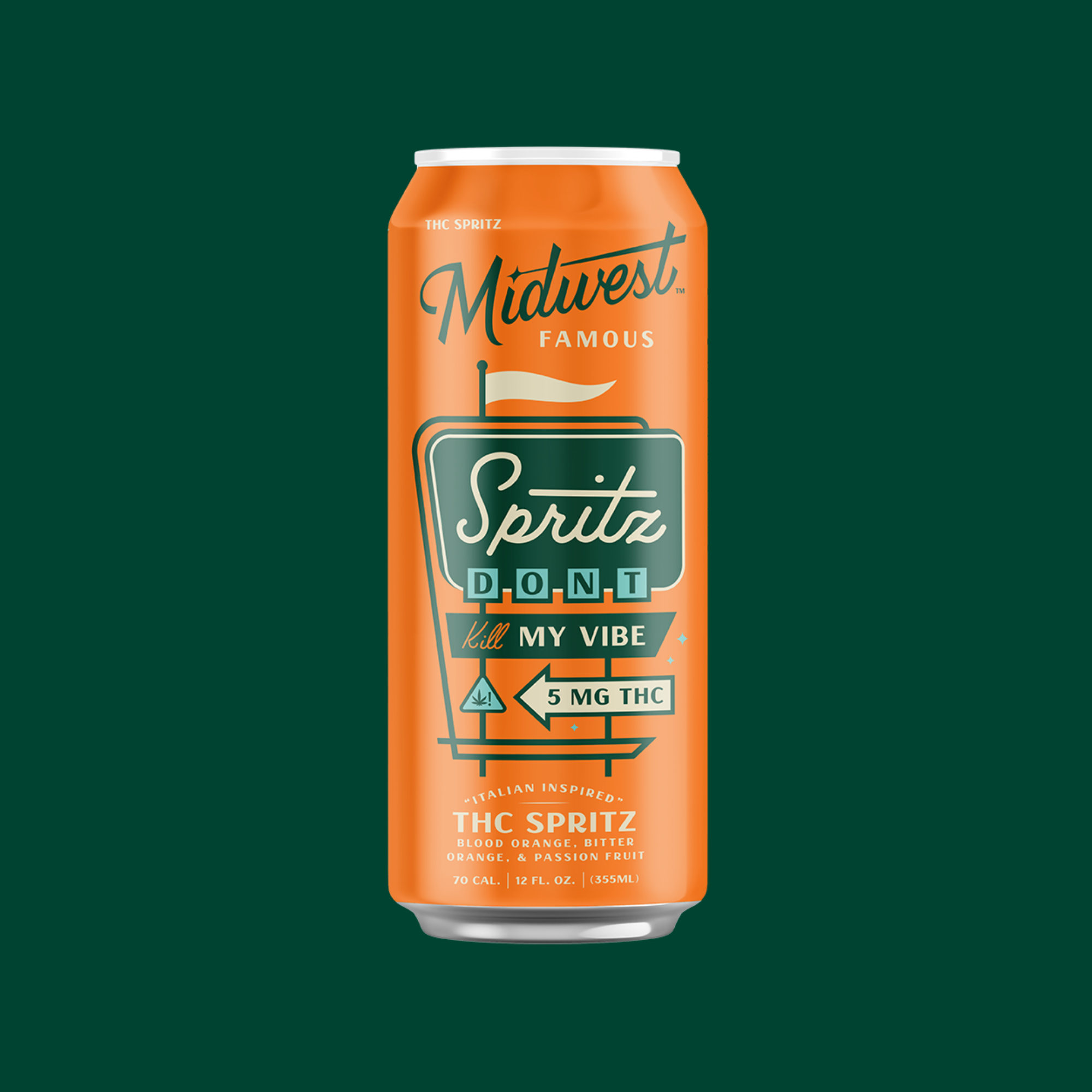 5mg thc spritz in front of a dark green background