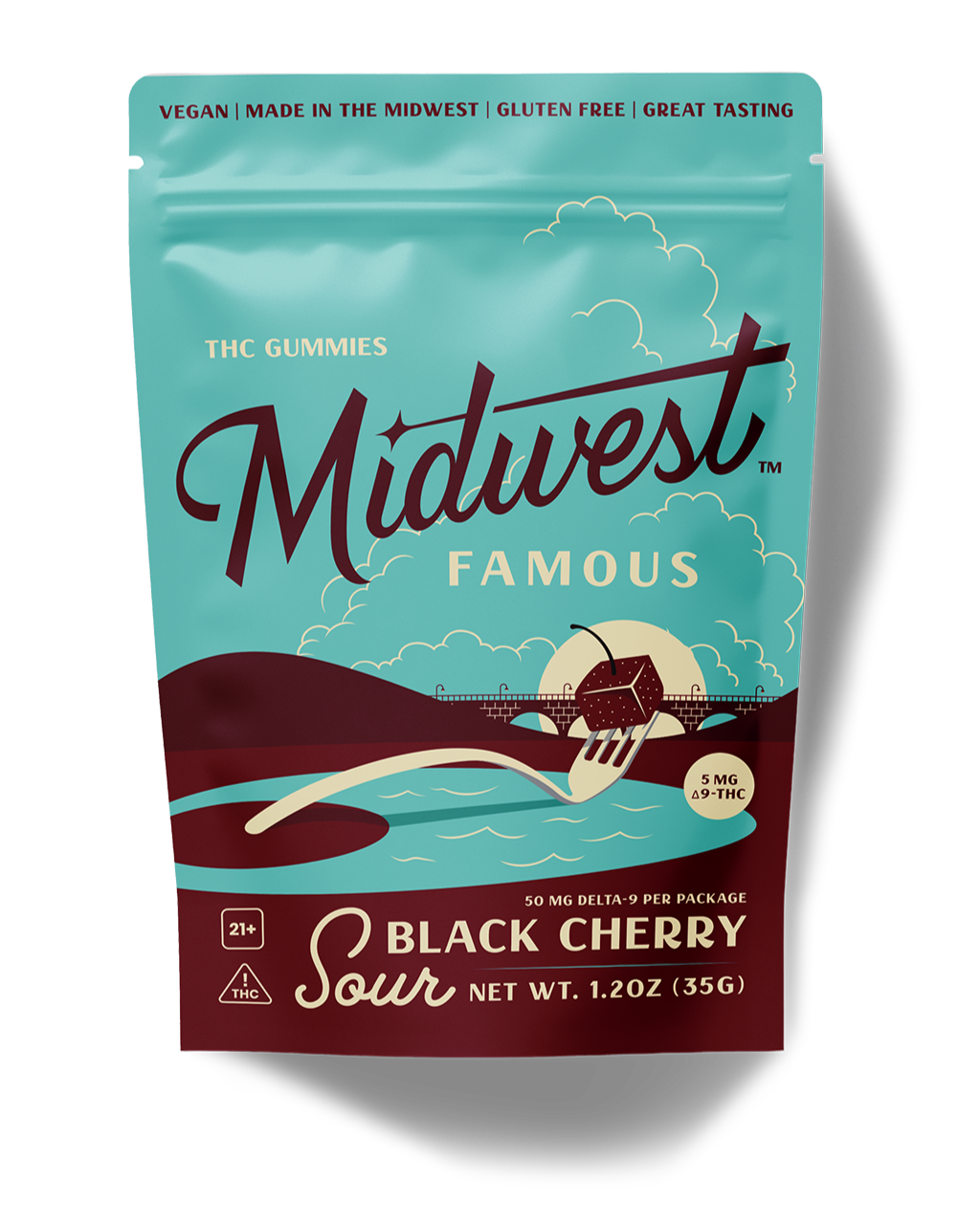 a light blue bag of sour black cherry 5mg thc gummies