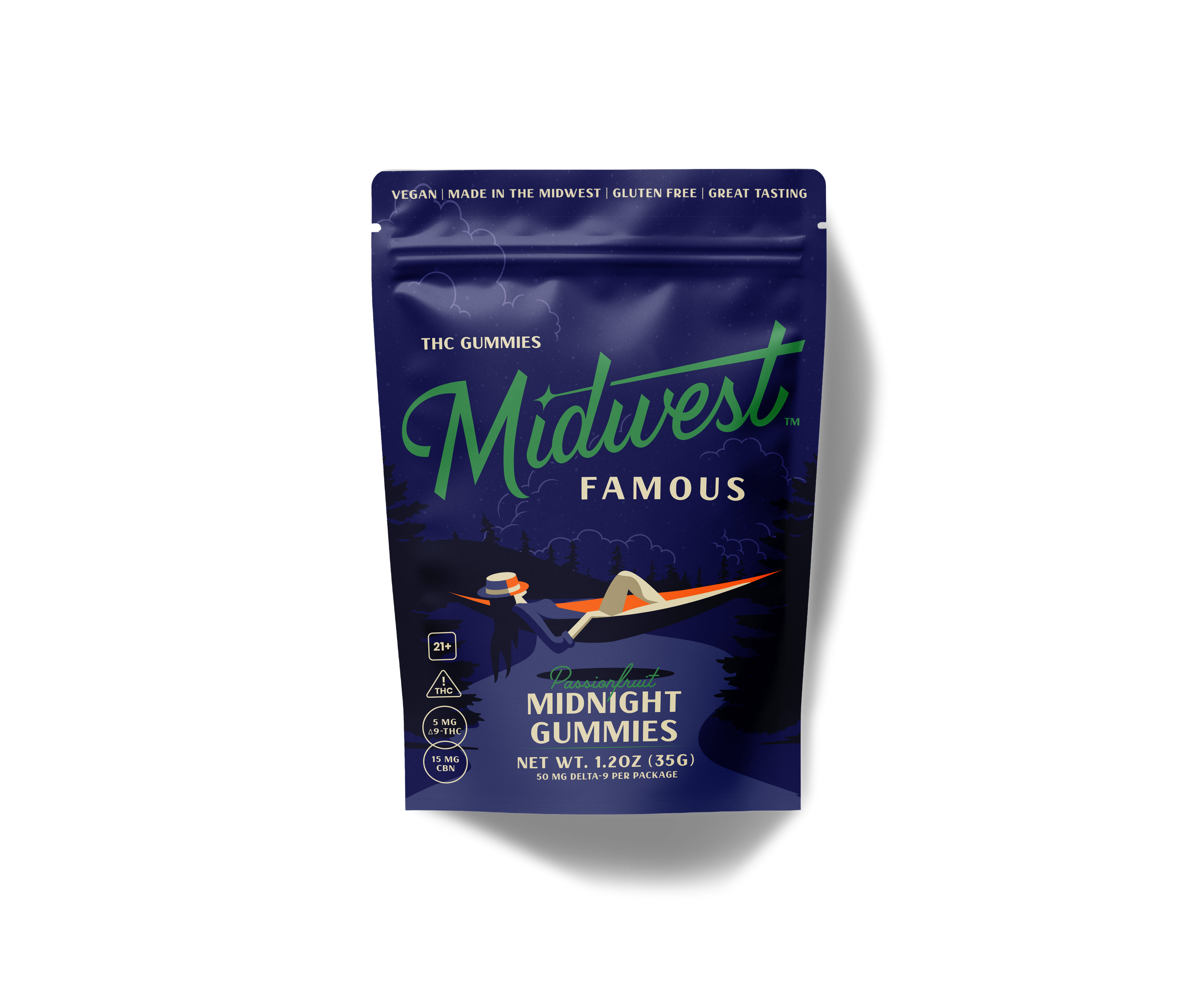 a dark blue bag of passionfruit thc and cbn gummies with no background