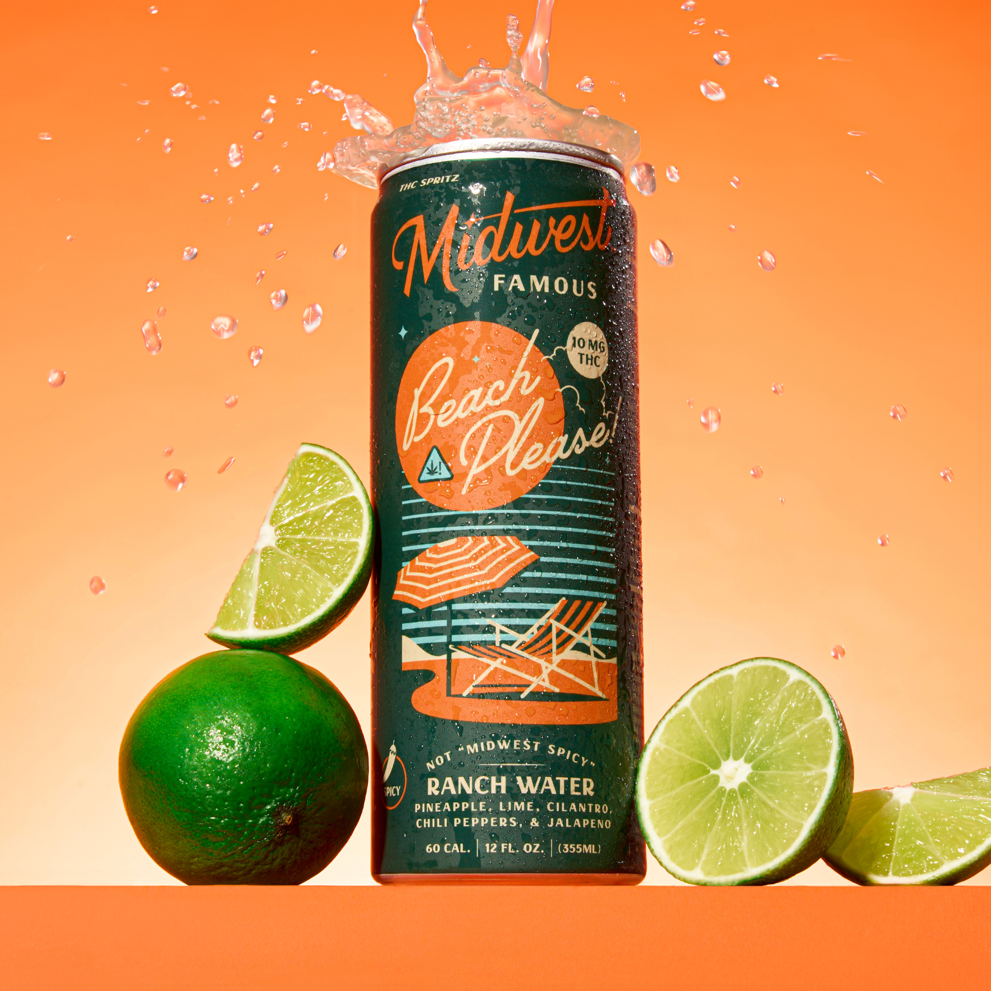 A green can spewing liquid with an orange background and limes in the foreground