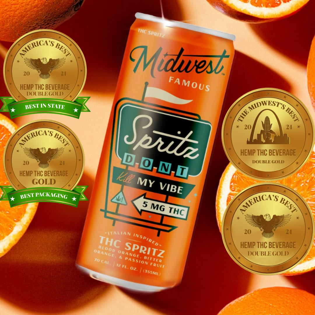 an orange thc spritz can with gold award icons next to it on both sides