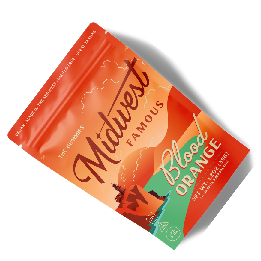 A titled bag of blood orange thc gummies