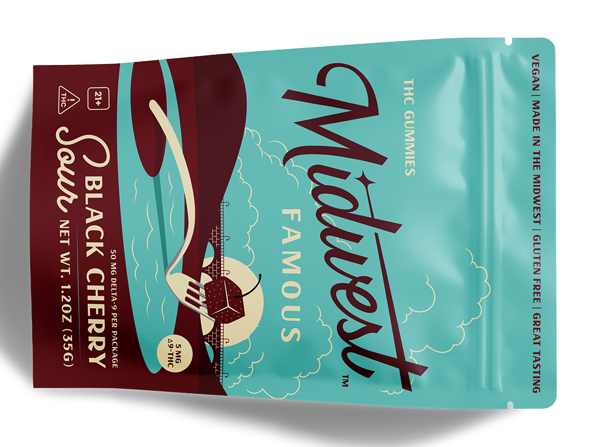 a tilted bag of sour black cherry thc gummies