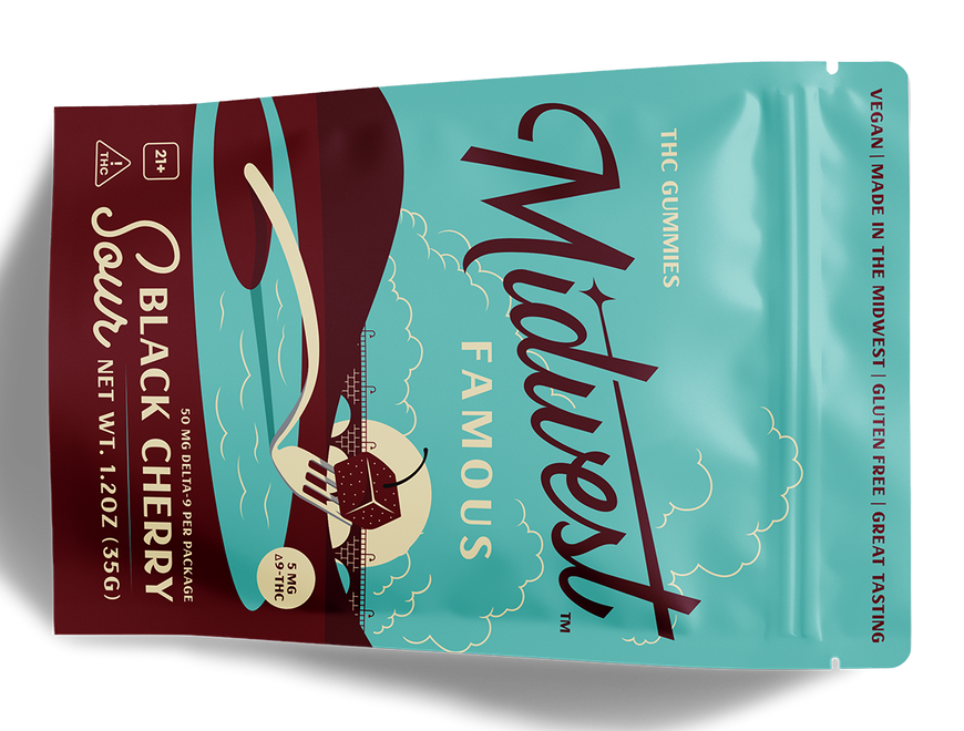 a tilted bag of sour black cherry thc gummies