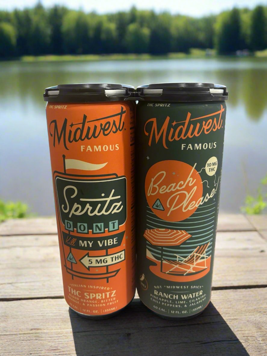 two midwest famous thc drinks on a dock with a lake behind